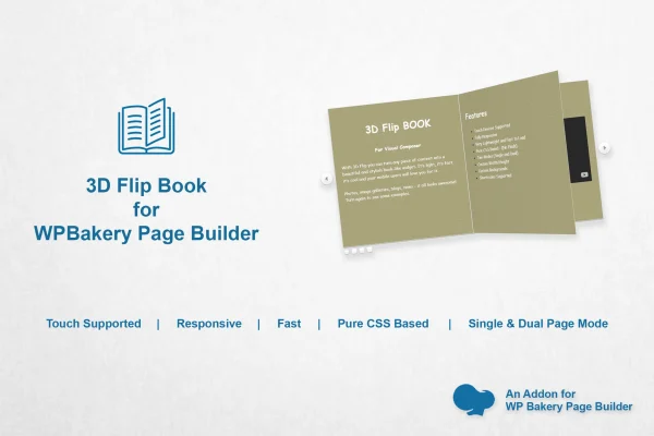 3D Flipbook for WPBakery Page Builder plugin banner showing a page-turning flipbook