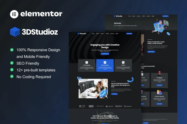 3dstudioz Elementor template kit preview for a 3D design and animation studio website