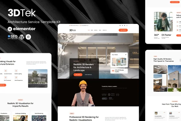 3DTek Elementor template kit cover showing 3D architecture and landscape render website pages