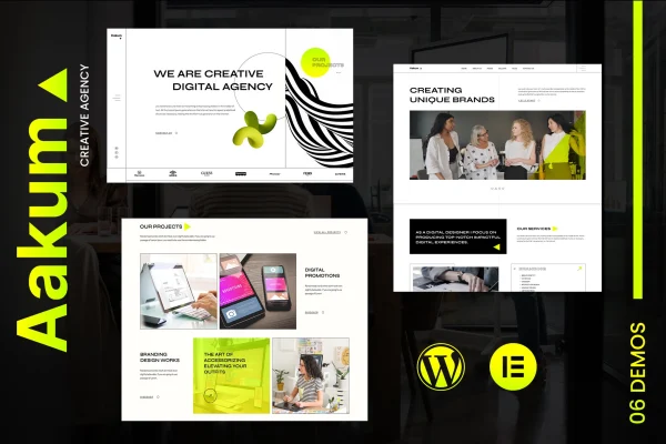 Aakum creative agency WordPress theme preview with portfolio layouts