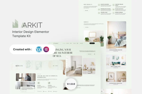 Aarkit interior design Elementor template kit preview with modern page layouts