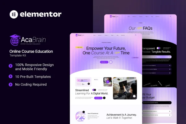 Acabrain online course education Elementor template kit preview