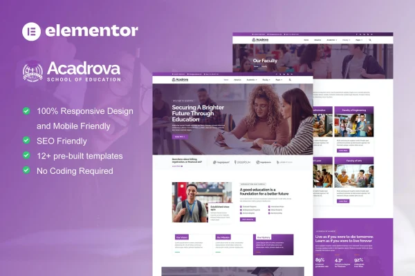 Acadrova university and school Elementor Pro template kit preview