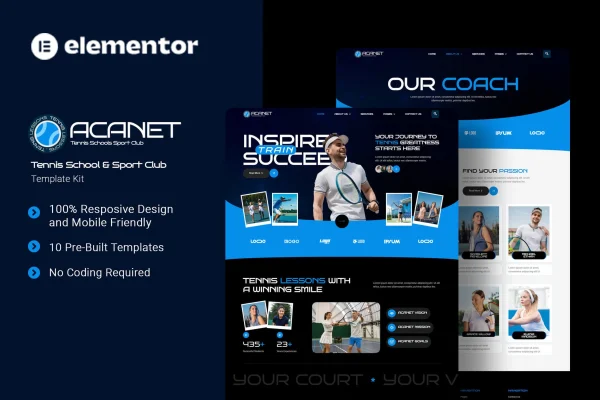 Acanet tennis school and sport club Elementor template kit preview