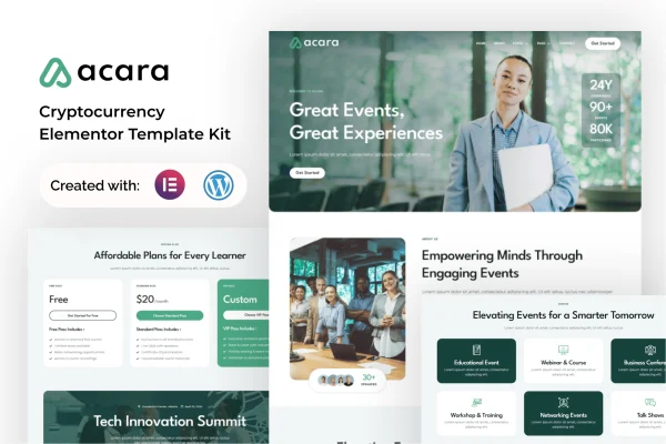 Acara event and conference Elementor template kit preview