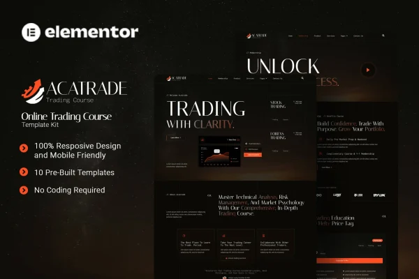 Acatrade online trading course Elementor template kit cover preview