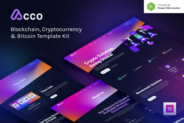Acco blockchain and cryptocurrency Elementor template kit preview with dark gradient design