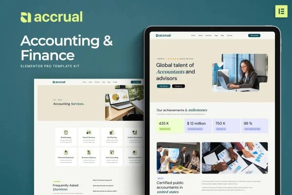 Accrual accounting and finance Elementor template kit page previews