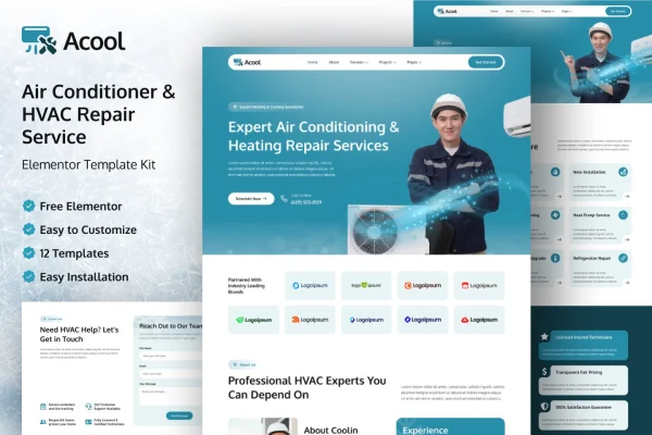 Acool HVAC and air conditioner repair Elementor template kit preview