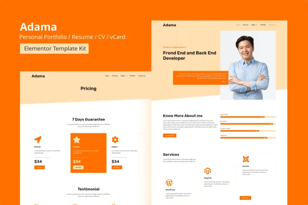 Adama personal portfolio and resume Elementor template kit preview