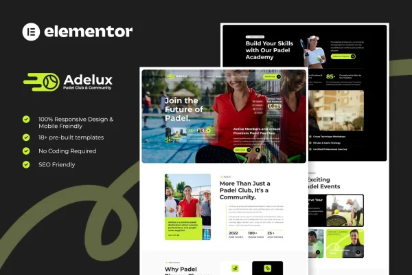 Adelux padel club Elementor template kit preview