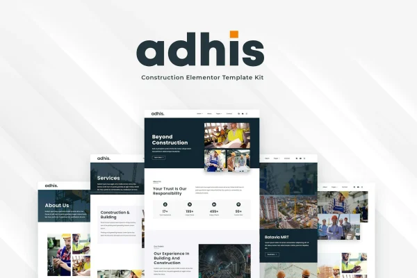 Adhis construction Elementor template kit cover showing sample website pages