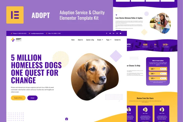 Adopt adoption service and charity Elementor template kit preview