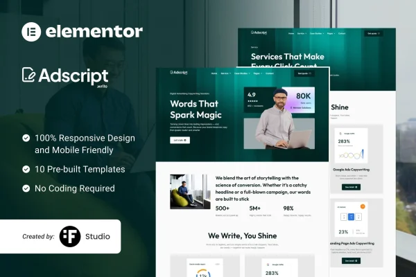 Adscript Elementor template kit preview for copywriting and advertising websites