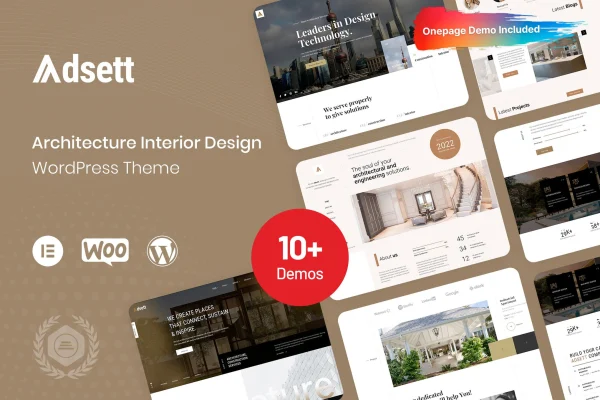 Adsett architecture WordPress theme preview with project portfolio layout