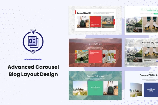 Advanced Carousel Blog Layout Design plugin banner showing a blog post carousel