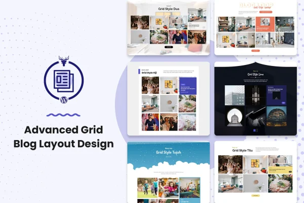 Advanced Grid Blog Layout Design plugin banner showing blog posts in a grid layout