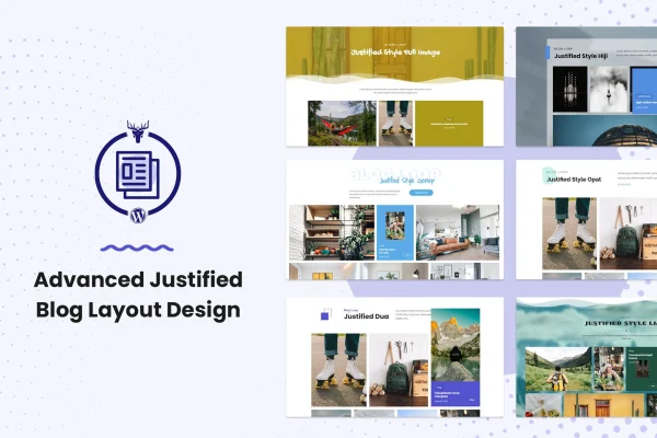 Advanced Justified Blog Layout Design plugin banner showing a justified blog post grid