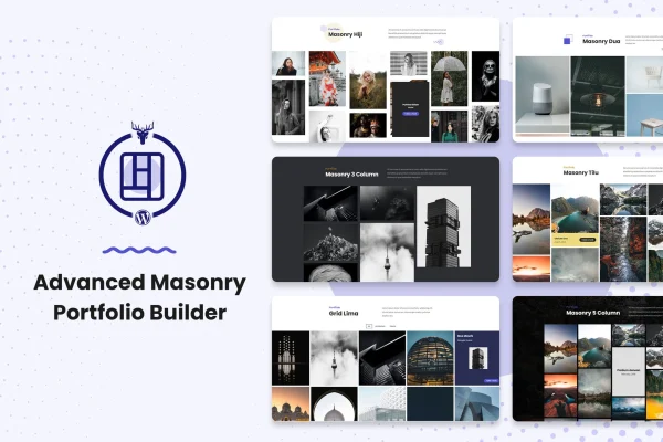 Advanced Masonry Portfolio Builder plugin banner with a masonry portfolio grid