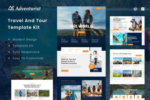 Adventurist travel and tourism agency Elementor template kit preview