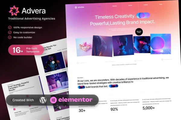 Advera Elementor template kit preview for traditional advertising agencies