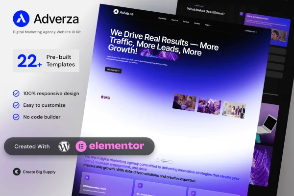 Adverza digital marketing agency Elementor template kit preview