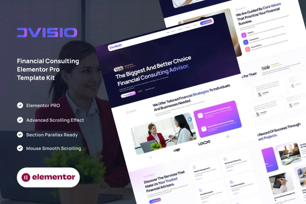 Advisio financial consulting Elementor template kit preview