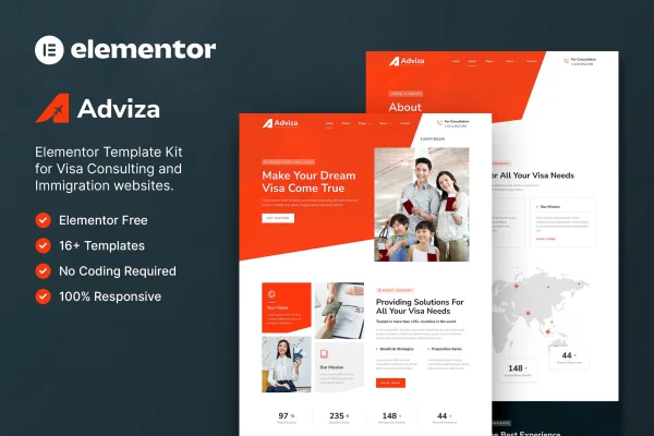 Adviza immigration and visa consulting Elementor template kit page previews