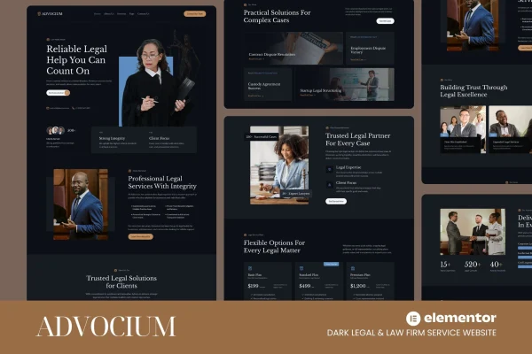 Advocium dark law firm Elementor template kit preview