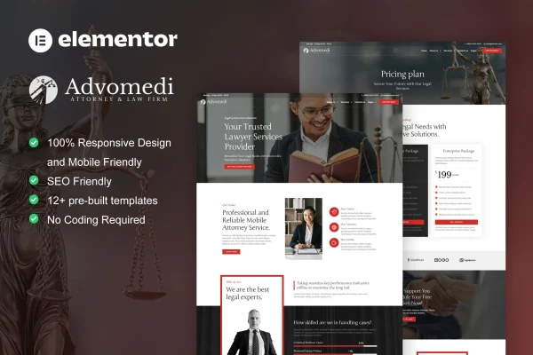 Advomedi attorney and law firm Elementor template kit cover image
