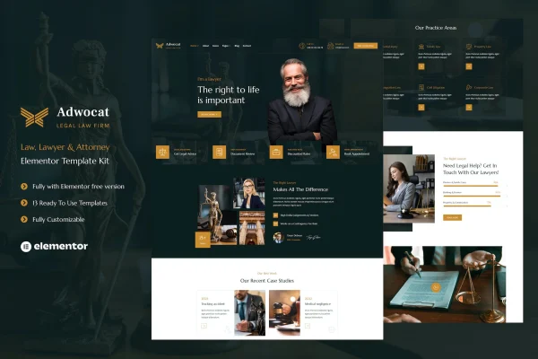 Adwocat law firm and attorney Elementor template kit page previews