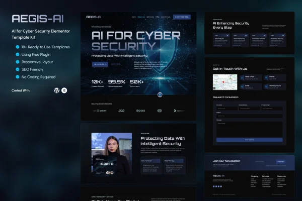 Aegis AI for Cyber Security Elementor template kit page previews