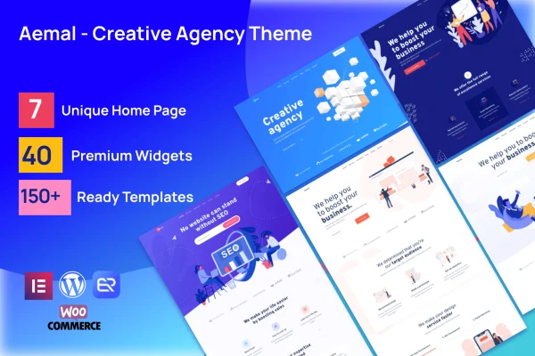 Aemal multipurpose WordPress theme preview with agency and startup page layouts