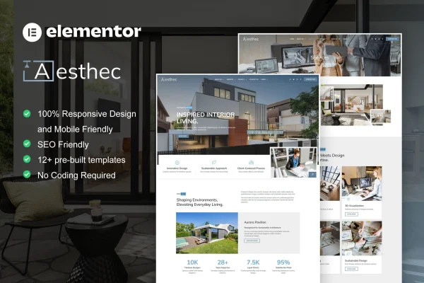 Aesthec Elementor template kit preview for an architecture and interior design website