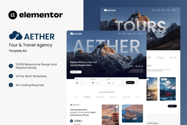 Aether tour and travel agency Elementor template kit preview