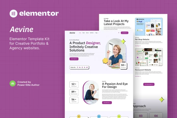 Aevine creative portfolio and agency Elementor template kit preview