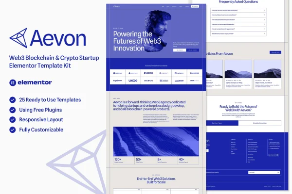 Aevon Web3 blockchain and crypto startup Elementor template kit preview