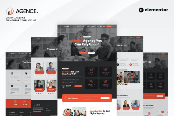 Agence digital agency Elementor template kit cover showing page layouts