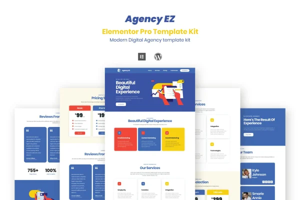 AgencyEz Elementor Pro template kit preview showing creative agency page layouts