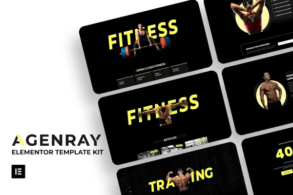 Agenray gym Elementor template kit preview showing fitness website pages