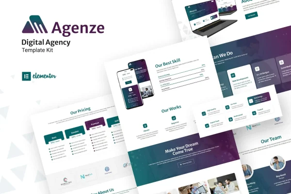 Agenze digital agency Elementor template kit cover showing website page layouts