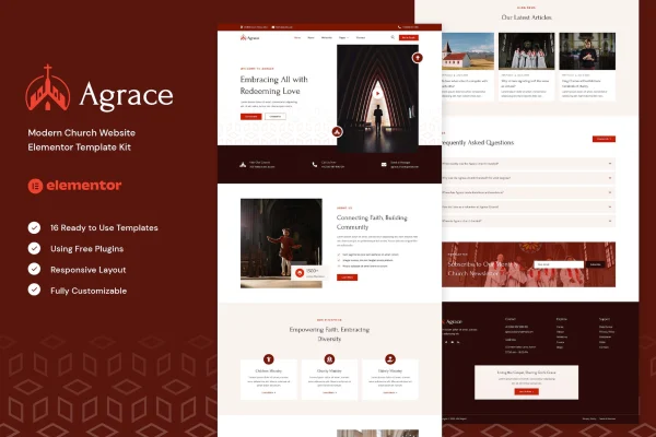 Agrace church website Elementor template kit preview