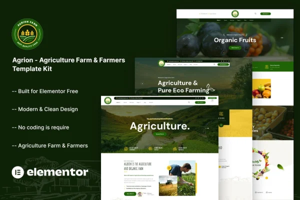 Agrion agriculture farm Elementor template kit preview with farm-themed page layouts