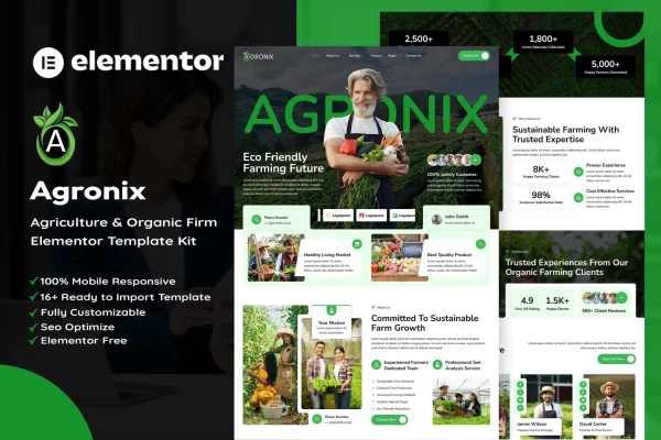 Agronix agriculture and organic farming Elementor template kit preview
