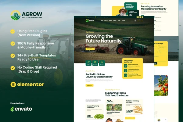 Agrow organic farm agriculture Elementor template kit preview