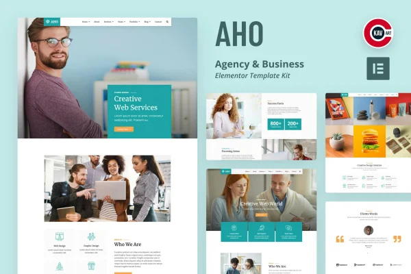 Aho agency and business Elementor template kit cover showing website page layouts