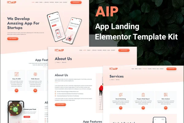 Aip App Landing Elementor Template Kit cover showing app landing page layouts