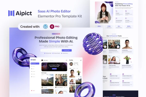 Aipict AI photo editor SaaS Elementor template kit cover image