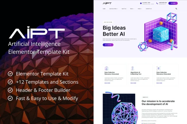 AiPT artificial intelligence company Elementor template kit preview