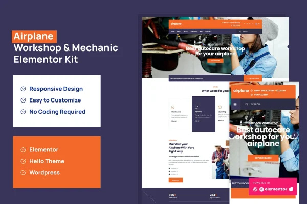 Airplane mechanic workshop Elementor template kit cover showing website page layouts
